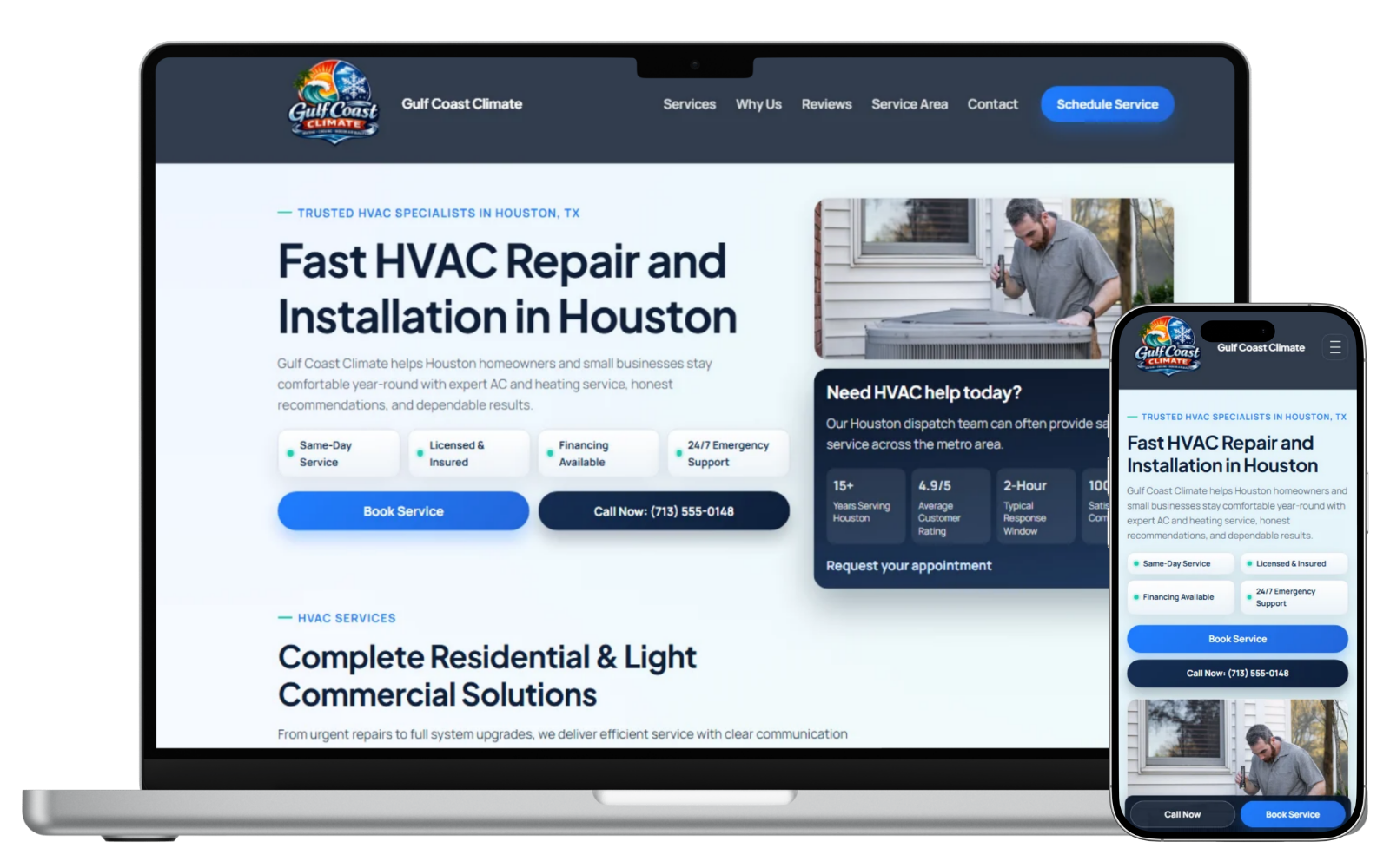 HVAC website mockup showing a service business website example on laptop and phone