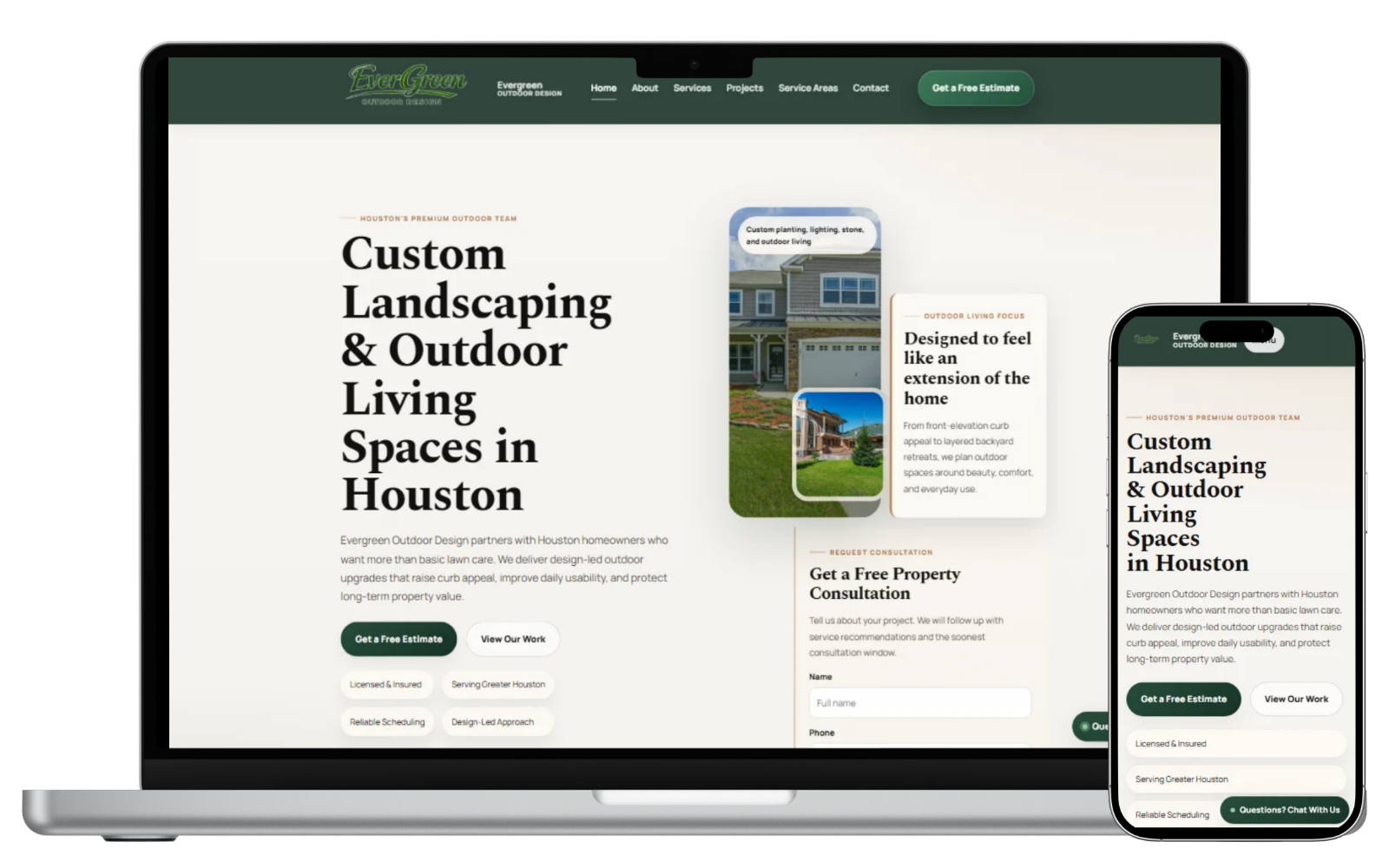 Landscaping website mockup showing an outdoor service business website example on laptop and phone