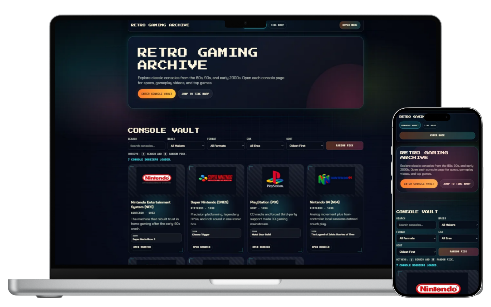 Retro Gaming website mockup showing a gaming brand website example on laptop and phone