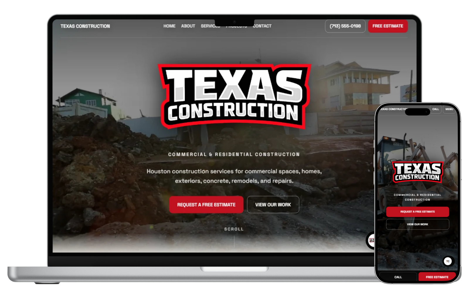 Texas Construction website mockup showing a contractor website example on laptop and phone
