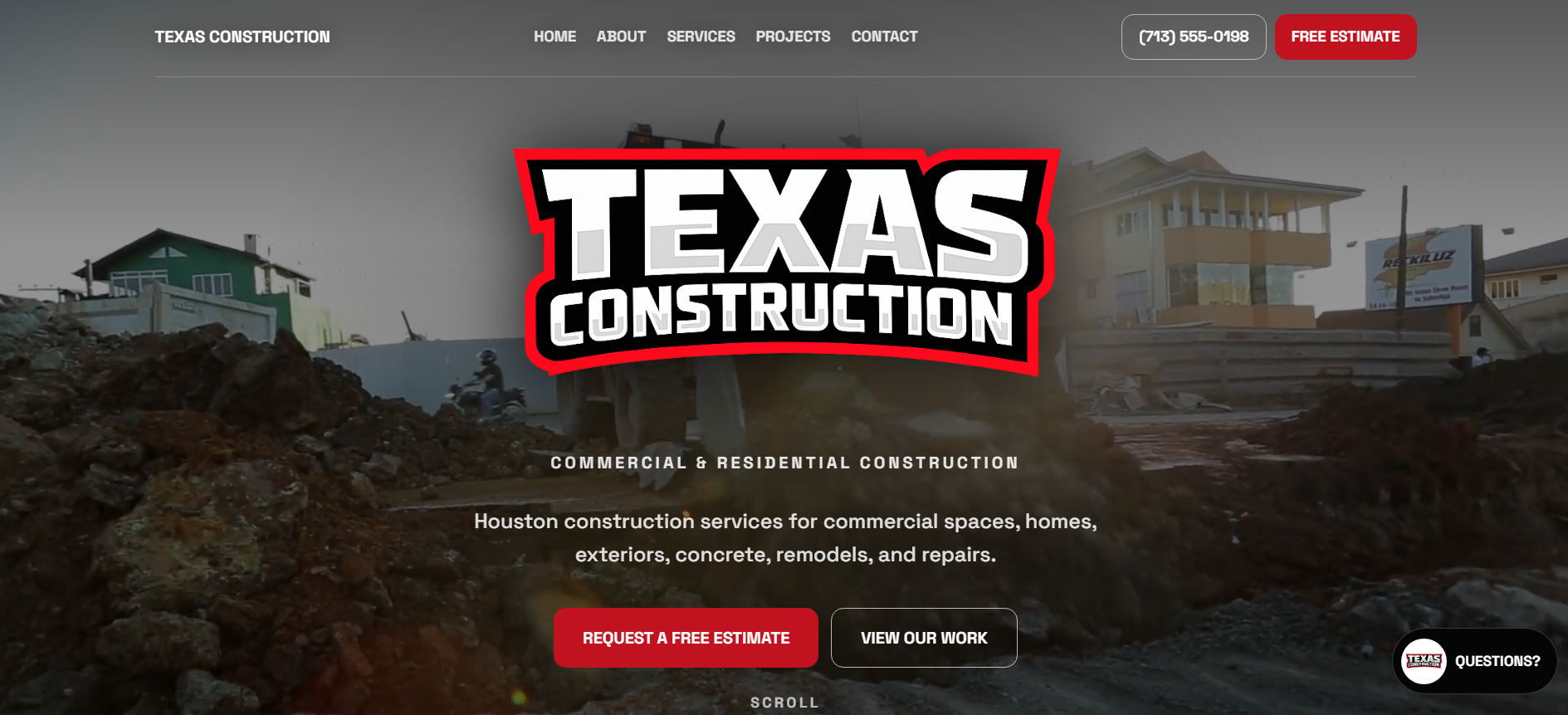 Contractor website example showing a construction business homepage with service sections and quote-focused layout
